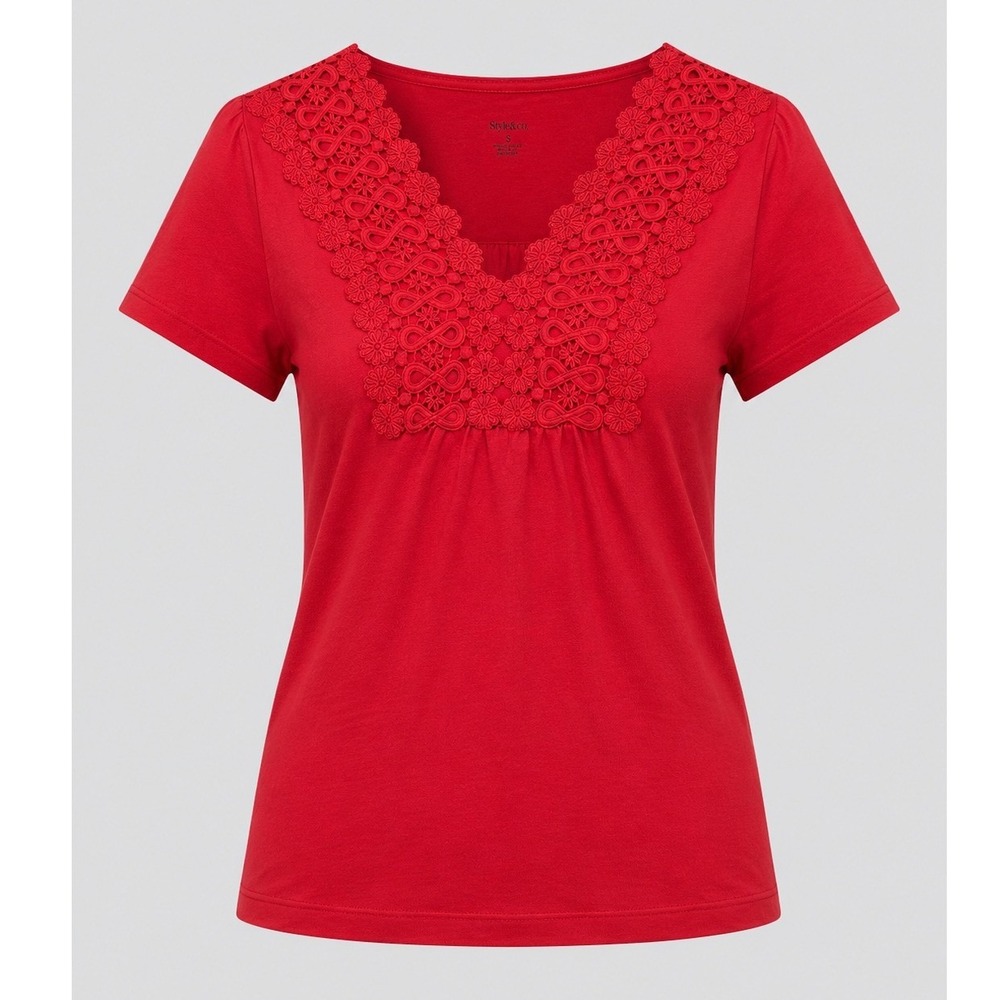 Vintage Style & Co Womens Small Red Crochet Lace Knit Top Boho Peasant Tee Y2K‎